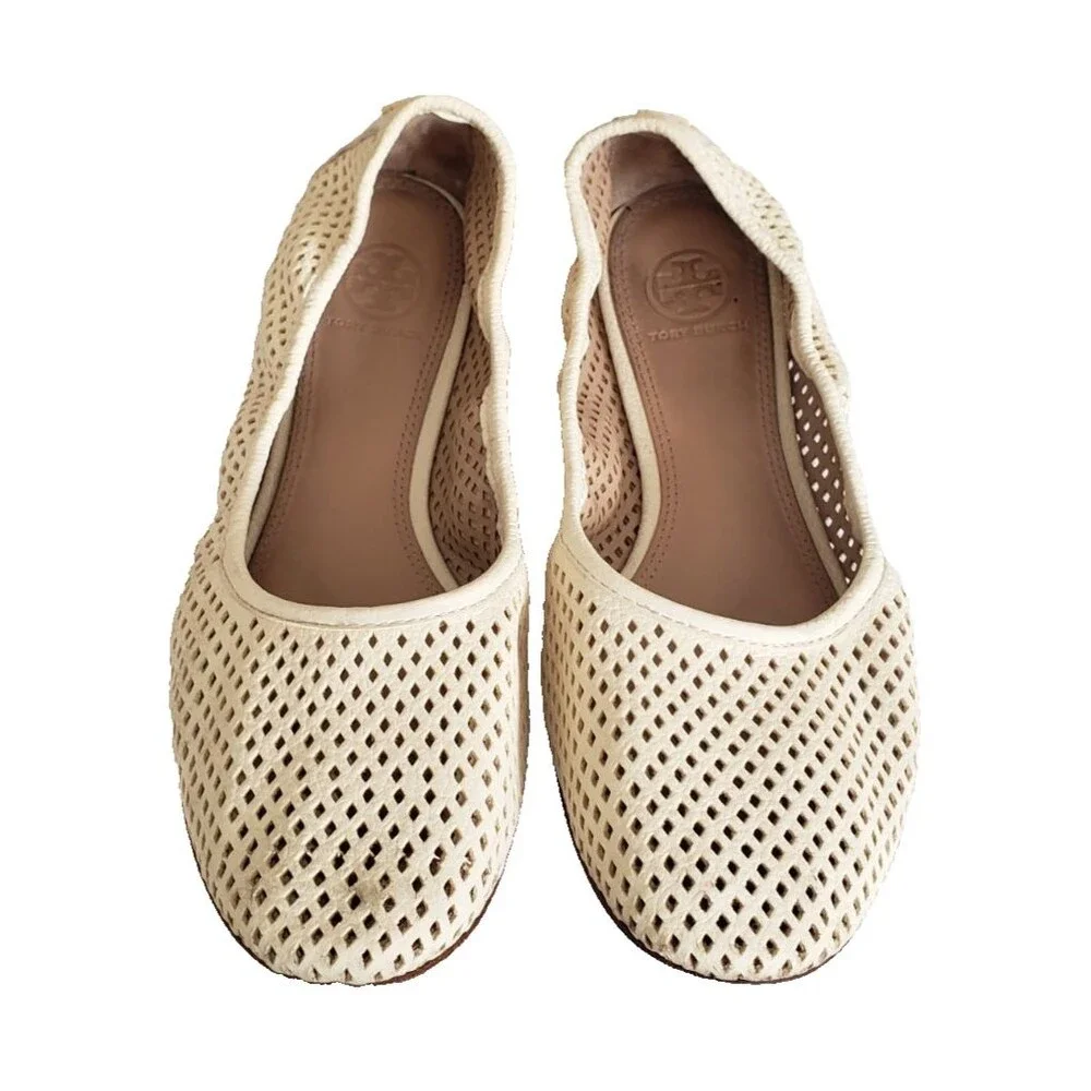 Tory Burch Whitaker Ballet Flats Women 8.5M Perforated Leather Ivory 21168785
